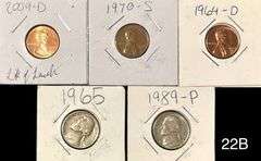 FIVE VINTAGE U.S. COINS - LINCOLN CENTS AND JEFFERSON NICKELS (1964-2009) - SEE DESCRIPTION