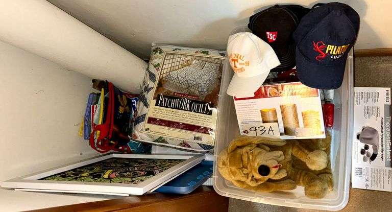CLOSET LOT TO INCLUDE SUNBEAM ELECTRIC IRON, BLACK & DECKER ELECTRIC IRON, IRONING BOARD, FLASHLIGHT, VINTAGE SPACE HEATER, DECORATIVE WOVEN BASKET, SHOE TOOL, FLORA DIAMONDS PATCHWORK QUILTS BEDSPREAD, HOMEDICS PROFESSIONAL PERCUSSION MASSAGER, LED LANTERN, ETC.