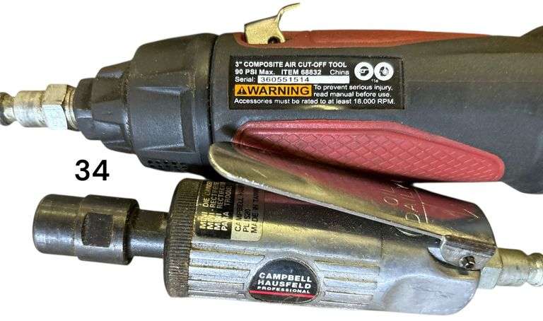 CENTRAL PNEUMATIC 3" COMPOSITE AIR CUT-OFF TOOL, CAMPBELL HAUSFELD PROFESSIONAL PNEUMATIC TOOL, AND INGERSOLL RAND PNEUMATIC TOOL WITH SMALL ASSORTMENT OF ACCESSORIES AND ATTACHMENTS