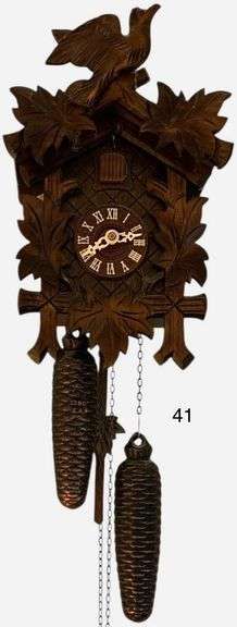 TRADITIONAL GERMAN STYLE FOREST CUCKOO CLOCK WITH CARVED BIRD, LEAVES, AND PINE CONE WEIGHTS image
