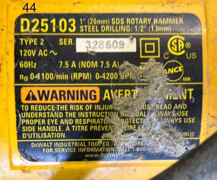 DEWALT D25103 TYPE 2 1" (26MM) SDS ROTARY HAMMER, 120V AC, 60HZ, 7.5A, 0-1100 RPM, 0-4200 BPM, STEEL DRILLING CAPACITY 1/2" (13MM)