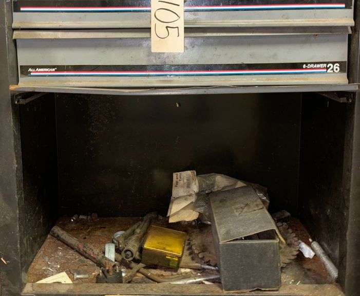 ALL AMERICAN TOOL CHEST W/ CONTENTS: CORDLESS DRILL (NO BATTERIES/CHARGER), ASSORTED SOCKETS, RAZOR BLADE, AND OTHER ASSORTED HAND TOOLS