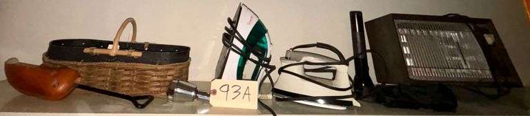 CLOSET LOT TO INCLUDE SUNBEAM ELECTRIC IRON, BLACK & DECKER ELECTRIC IRON, IRONING BOARD, FLASHLIGHT, VINTAGE SPACE HEATER, DECORATIVE WOVEN BASKET, SHOE TOOL, FLORA DIAMONDS PATCHWORK QUILTS BEDSPREAD, HOMEDICS PROFESSIONAL PERCUSSION MASSAGER, LED LANTERN, ETC.