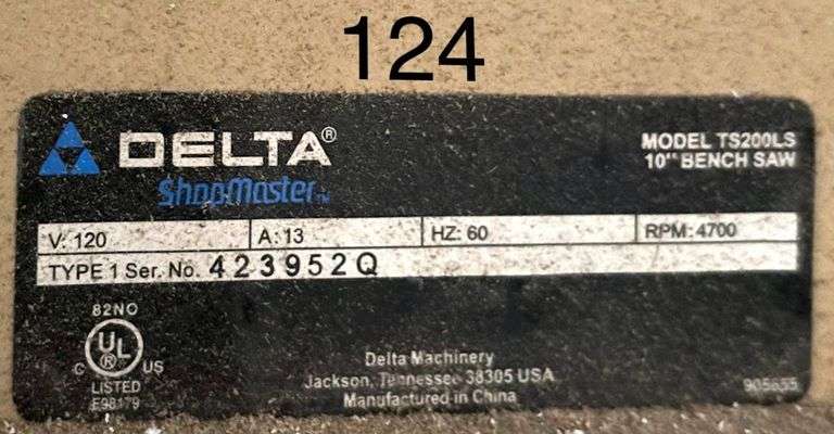 DELTA SHOPMASTER MODEL TS200LS 10" BENCH SAW TYPE 1 120V, 13A, 60HZ, 4700 RPM