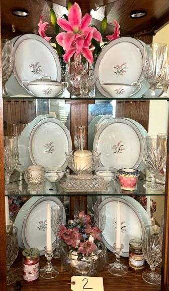 APPROX. 70 PIECES OF VINTAGE NORITAKE LILYBELL CHINA SET NO. 5556; CLEAR GLASSWARE TO INCLUDE 10 PIECES OF PATTERN GLASS STEMWARE, 2 CANDLEHOLDERS, BUTTER DISH W/ LID, 2000 "RINGING IN THE NEW YEAR" BELL, ETC.