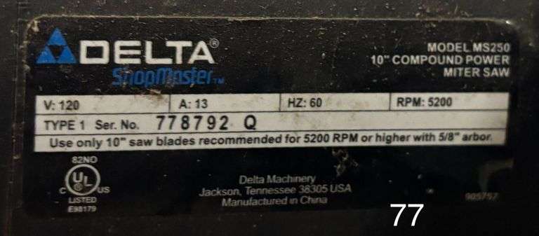 DELTA SHOPMASTER MODEL MS250 10" COMPOUND POWER MITER SAW, TYPE 1 - 120V, 13A, 60HZ, 5200 RPM