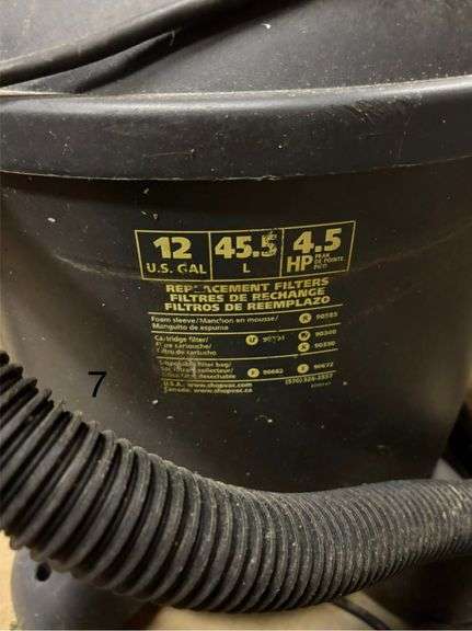 TWO SHOP-VAC BRAND SHOP VACUUMS - 1 12-GALLON CAPACITY, 45.5 LITER, 4.5 PEAK HP MOTOR; 1 5-GALLON CAPACITY, 1.25 PEAK HP