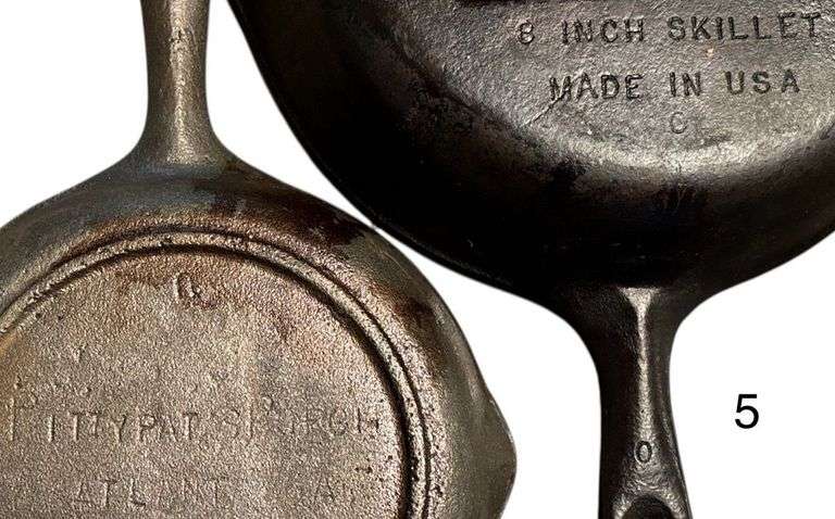CORN BREAD STICKS CAST IRON BAKING PAN-13"-7 MOLDS, PITTY PAT’S PORCH ATLANTA GEORGIA CAST IRON SKILLET 6.5", CAST IRON 8" SKILLET MADE IN USA NO. 5