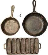 CORN BREAD STICKS CAST IRON BAKING PAN-13"-7 MOLDS, PITTY PAT’S PORCH ATLANTA GEORGIA CAST IRON SKILLET 6.5", CAST IRON 8" SKILLET MADE IN USA NO. 5