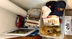 CLOSET LOT TO INCLUDE SUNBEAM ELECTRIC IRON, BLACK & DECKER ELECTRIC IRON, IRONING BOARD, FLASHLIGHT, VINTAGE SPACE HEATER, DECORATIVE WOVEN BASKET, SHOE TOOL, FLORA DIAMONDS PATCHWORK QUILTS BEDSPREAD, HOMEDICS PROFESSIONAL PERCUSSION MASSAGER, LED LANTERN, ETC.