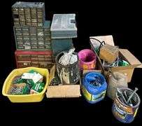 CRAFTSMAN HAND-NAILER TOOL, ORGANIZER CABINETS WITH DRAWERS, CONTAINERS FILLED WITH ASSORTED SCREWS, BOLTS, NAILS, FASTENERS, & MISCELLANEOUS HARDWARE