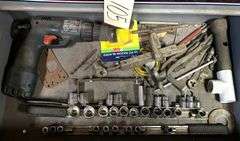 ALL AMERICAN TOOL CHEST W/ CONTENTS: CORDLESS DRILL (NO BATTERIES/CHARGER), ASSORTED SOCKETS, RAZOR BLADE, AND OTHER ASSORTED HAND TOOLS