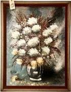 LARGE THOMAS PELL STILL LIFE FLORAL SCENE - APPEARS TO BE OIL PAINTING - APPROX. 39.5” X 29.25” VIEWING AREA