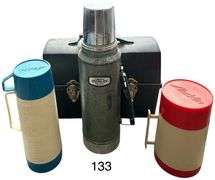 ALADDIN STANLEY THERMOS, ALADDIN'S HY-LO THERMOS BOTTLE, ALADDIN'S DURA-CLAD THERMOS BOTTLE W/ CARRYING CASE