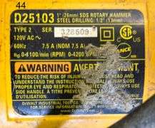 DEWALT D25103 TYPE 2 1" (26MM) SDS ROTARY HAMMER, 120V AC, 60HZ, 7.5A, 0-1100 RPM, 0-4200 BPM, STEEL DRILLING CAPACITY 1/2" (13MM)