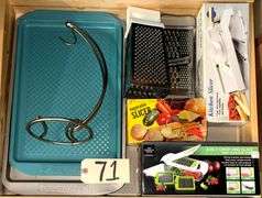 TWO FARBERWARE PANS, ASSORTED SLICERS AND GRATERS, TWO PYREX BOWLS, ANCHOR AMBER COLOR CASSEROLE DISH AND BAKING DISH, DEVILED EGG TRAY, AND OTHER ASSORTED SUNDRIES
