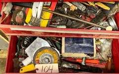 CRAFTSMAN RED METAL TOOL CHEST (NO KEY) W/ TOOLS TO INCLUDE GRINDING DISC AND OTHER HAND TOOLS/SUPPLIES