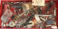 JEG'S RED METAL TOOL CHEST ON CASTERS W/ ASSORTED HAND TOOLS TO INCLUDE SOCKETS, WRENCHES, AND OTHER ITEMS