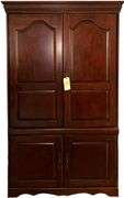 WOODEN FOUR-DOOR ENTERTAINMENT ARMOIRE APPROX. 62" HEIGHT X 42" WIDTH X 22" DEEP WITH CONTENTS TO INCLUDE 32 INCH SAMSUNG TELEVISION AND JVC VHS PLAYER (JVC SPEAKERS AND STEREO PLAYER NOT INCLUDED)