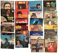 APPROXIMATELY 120 VINYL RECORDS TO INCLUDE ELVIS PRESLEY, JOHNNY CASH, FRANK SINATRA, JOHNNY MATHIS, TANYA TUCKER, RONNIE MILSAP, LYNN ANDERSON, ARETHA FRANKLIN, CONWAY TWITTY, DIANA ROSS AND THE SUPREMES, MERLE HAGGARD, KENNY RODGERS, DOTTIE WEST, NEIL DIAMOND, LEE GREENWOOD, PATSY CLINE, LORETTA LYNN, CHARLEY PRIDE, WAYLON JENNINGS, AND MANY MORE!