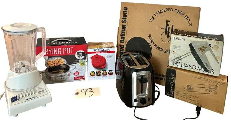 PROCTOR-SILEX 6 SPEED BLENDER, FRYING POT, NOSTALGIA MYMINI GRIDDLE, BLACK & DECKER TOASTER, THE PAMPERED CHEF 15" ROUND BAKING STONE, ROBESON THE HAND MIXER, THE PAMPERED CHEF EASY ACCENT DECORATOR, SMALL 5-CUP COFFEE MAKER image