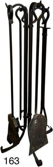 FIVE-PIECE CAST-IRON FIREPLACE SET: SHOVEL, TONGS, POKER, BROOM