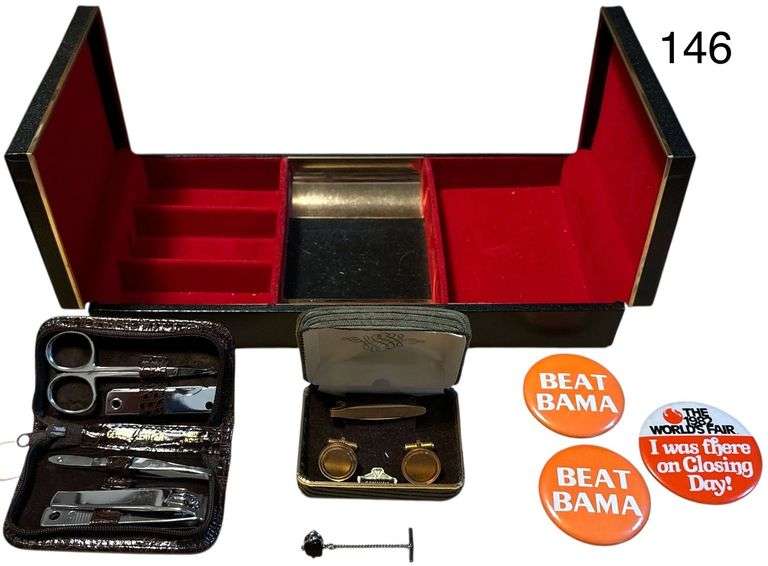 CUFF LINK SET, SMALL GROOMING KIT IN GENUINE LEATHER POUCH, SARAH COVENTRY PIN, 1982 WORLD’S FAIR BUTTON, 2 ORANGE “BEAT BAMA” BUTTONS, MEN’S JEWELRY BOX