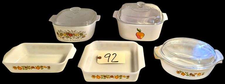 3 VINTAGE ANCHOR HOCKING FIRE KING GINGHAM CHECKERED FLOWERS BAKING DISHES, CORNING WARE SPICE OF LIFE BAKING DISH, OTHER LARGE FRUIT PATTERN BAKING DISH image