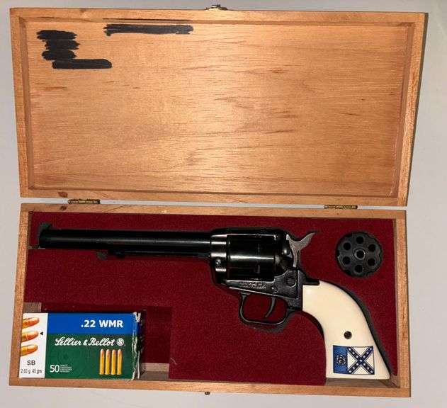 HERITAGE “ROUGH RIDER” .22 CALIBER REVOLVER WITH BOTH .22 AND .22 MAGNUM CYLINDERS, 150TH ANNIVERSARY OF THE CIVIL WAR, CSA, IN ORIG. WOODEN BOX, BARREL APPROXIMATELY 5 7/8 INCHES LONG, 6 SHOT, E82969 - WITH APPROX. 23 COUNT .22 WMR CARTRIDGES image