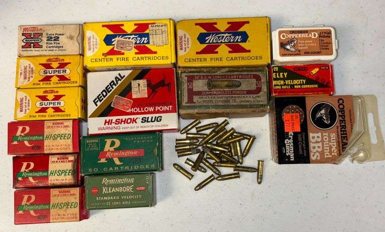 ASSORTED AMMO TO INCLUDE PARTIAL BOXES OF .22 CALIBER, APPROX 18 COUNT .32 LONG COLT, 27 COUNT .32 LONG S&W, APPROX. 33 COUNT OF OTHER .32 MIXED AMMO, COMPLETE BOX OF 5 FEDERAL SHOTGUN SHELLS, 2 3/4”, HI-SHOK SLUG, B-BS, PELLETS image