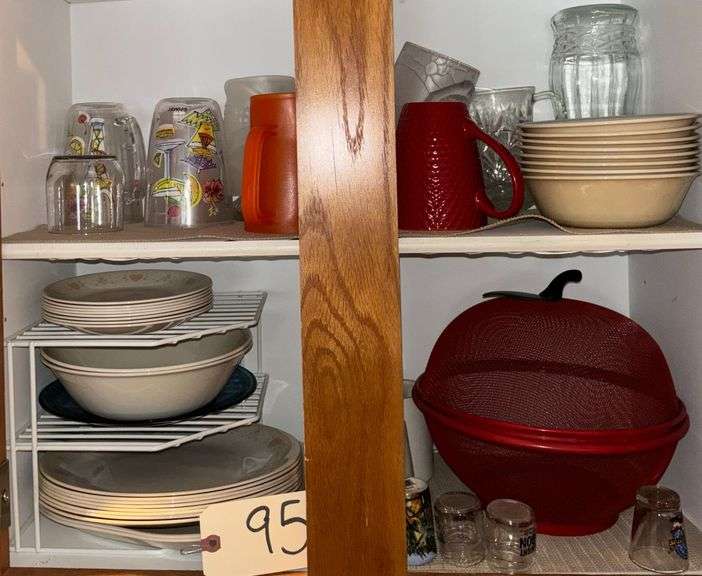 CORELLE PLATES AND BOWLS, PYREX COFFEE MUG, MESH FRUIT BASKET, OTHER CUPS AND MUGS, 4 SHOT GLASSES, PLASTIC WARES, ETC. image