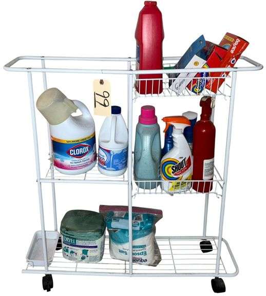 ROLLING METAL RACK W/ SMALL ASSORTMENT OF LAUNDRY SUPPLIES image