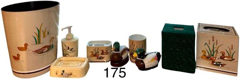 DUCK BATHROOM SET TO INCLUDE PLASTIC SOAP DISH, SOAP DISPENSER, TISSUE BOX COVER, CERAMIC CUP AND TOOTHBRUSH HOLDER, TRASH RECEPTACLE, TWO CERAMIC DUCK FIGURINES, DUCK SHOWER CURTAIN, DUCK TOWEL SET (BATH TOWEL, HAND TOWEL, WASH CLOTH).