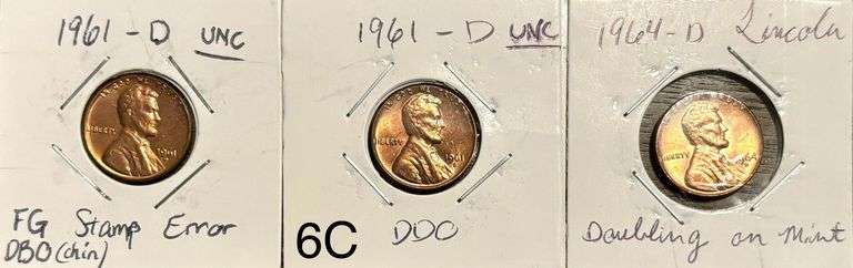 3 LINCOLN PENNY ERROR COINS: 1961-D DDO, 1961-D CHIN FG ERROR, 1964-D DOUBLING image