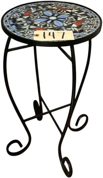 METAL FOUR-LEG MOSAIC TABLE W/ TWO WROUGHT IRON WALL SCONCE CANDLE HOLDERS WITH MOSAIC GLASS VOTIVE HOLDERS