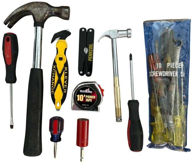 CLAW HAMMER, ASSORTED SCREWDRIVERS, KLEVER XCHANGE CUTTING TOOL, 10' MEASURING TAPE, COMBINATION WRENCH, ETC. image