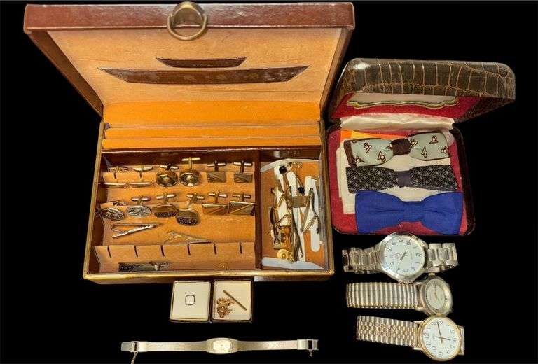 NICE GENTLEMAN’S JEWELRY BOX W CUFF LINKS, TIE TACKS & CLIPS, ALLIGATOR BOX W/ VINTAGE CLIP-ON BOW TIES, BATTERY OPERATED WATCHES AS-IS image