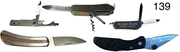 5 POCKETKNIVES TO INCLUDE KLEIN TOOLS SINGLE-BLADE, OTHER STAINLESS SINGLE-BLADE, 2-BLADE ADVERTISING KNIFE, VICTORINOX SWISS ARMY KNIFE, OTHER SWISS ARMY/UTILITY TYPE KNIFE; BOTTLE OPENER/NAIL FILE