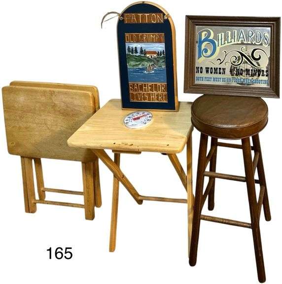 THREE WOODEN TV TRAYS, WOODEN AND LEATHER BAR STOOL, WOODEN CARVED SIGN, VINTAGE BILLIARDS "NO WOMEN NO MINORS" SIGN