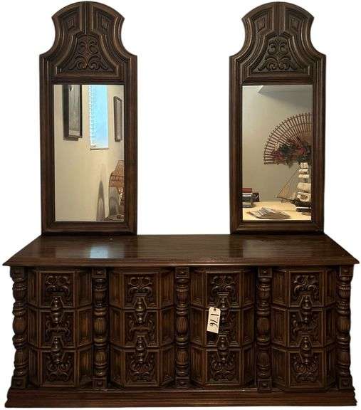 ORNATE DOUBLE MIRROR WOODEN NINE-DRAWER DRESSER - MATCHES LOTS # 177, 178, 179 image