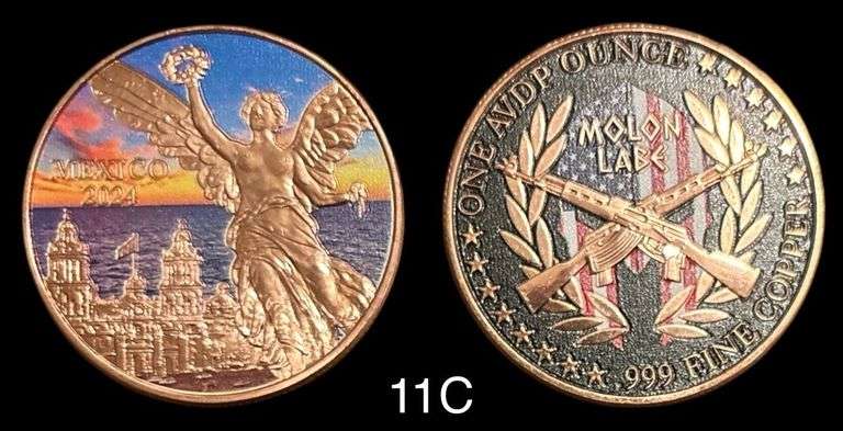 2 .999 FINE COPPER COMMEMORATIVE COINS/ROUNDS: MEXICO 2024 & MOLON LABE SPARTAN USA image