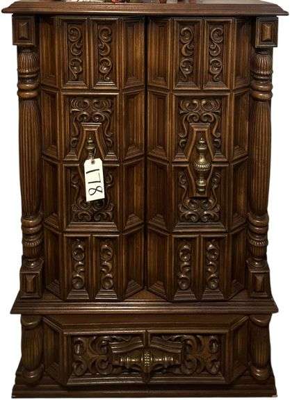 ORNATE WOODEN WARDROBE WITH FOUR DRAWERS AND ONE SHELF - MATCHES LOTS # 176, 177, 179 image