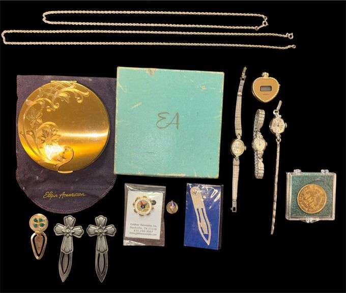 VINTAGE ELGIN AMERICAN COMPACT IN ORIGINAL BOX, MASONIC PIN, TIE CLIP, AND BOOKMARK, LADIES WATCHES AS-IS, 2 SILVER COLOR NECKLACES, OTHER BOOKMARKS image