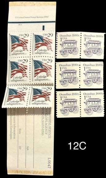 10 VINTAGE 1992 29-CENT USA "I PLEDGE ALLEGIANCE" STAMPS, 6 VINTAGE 1-CENT "OMNIBUS 1880S" STAMPS image