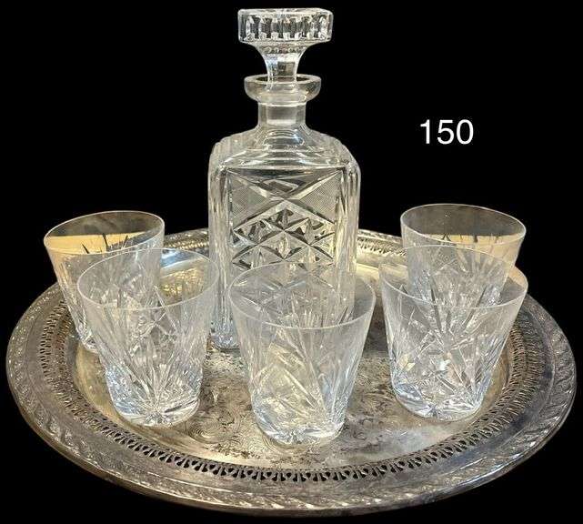 SPRING FLOWER WILLIAM ROGER’S AND SON 2072 SILVERPLATE SERVING TRAY, PATTERN GLASS DECANTER, FIVE CRYSTAL GLASS WHISKEY GLASSES