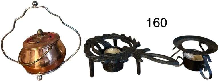 2 SMALL CAST IRON FOOD WARMER/CANDLE HOLDER TRIVETS, COPPER GARLIC KEEPER WITH METAL HOLDER