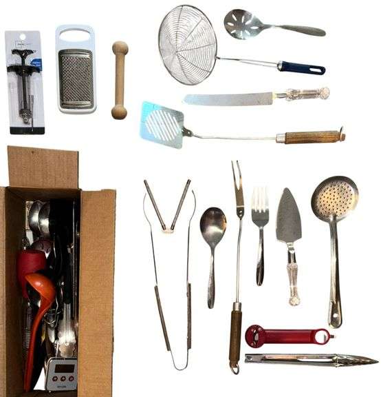 SILVERPLATE FLATWARE, KITCHEN KNIVES, DIGITAL THERMOMETER, SCISSORS, CORKSCREWS, STRAINER, GRATER, TONGS, AND OTHER SMALL UTENSILS image
