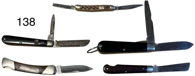 5 POCKETKNIVES AS-FOUND: BUCK USA 503 SINGLE-BLADE, MKLEIN & SONS CHICAGO USA SINGLE-BLADE, BOKER USA 84 2-BLADE, CAMILLUS NY USA 2-BLADE, RUSTLESS GERMANY 2-BLADE