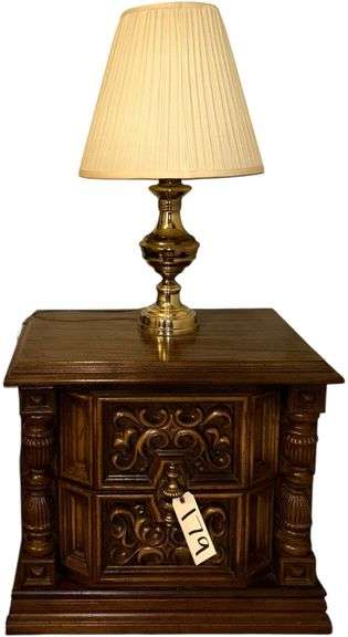 ORNATE WOODEN NIGHTSTAND - MATCHES LOTS # 176, 177, 178; BRASS BASE ELECTRIC LAMP image