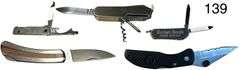 5 POCKETKNIVES TO INCLUDE KLEIN TOOLS SINGLE-BLADE, OTHER STAINLESS SINGLE-BLADE, 2-BLADE ADVERTISING KNIFE, VICTORINOX SWISS ARMY KNIFE, OTHER SWISS ARMY/UTILITY TYPE KNIFE; BOTTLE OPENER/NAIL FILE